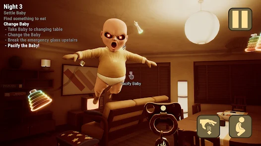 A creepy floating baby with glowing red eyes in The Baby in Yellow mobile game.